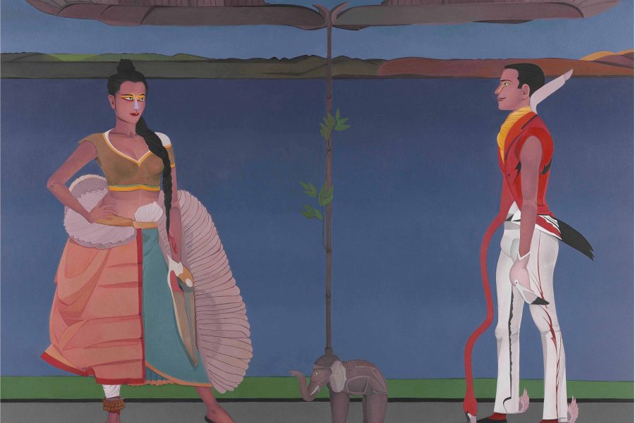 Surendran Nair, 'Pelican and a Flamingo: Two Actors at play (Flora & Fauna) Cuckoonebulopolis', 
2019. Courtesy of the Artist and Sakshi Gallery.