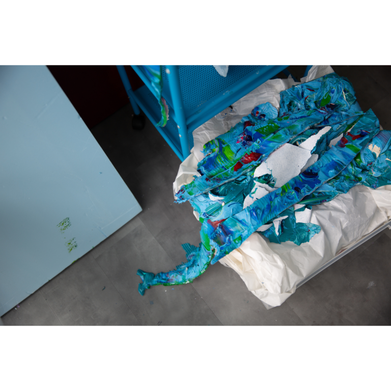 "Works in my 'Fetish' series were created using dry paint skin, a discovery I made when I was cleaning my painting palette one day and managed to pull out thick layers of dry paint residue from my palette. I thought that was beautiful and unexpected."